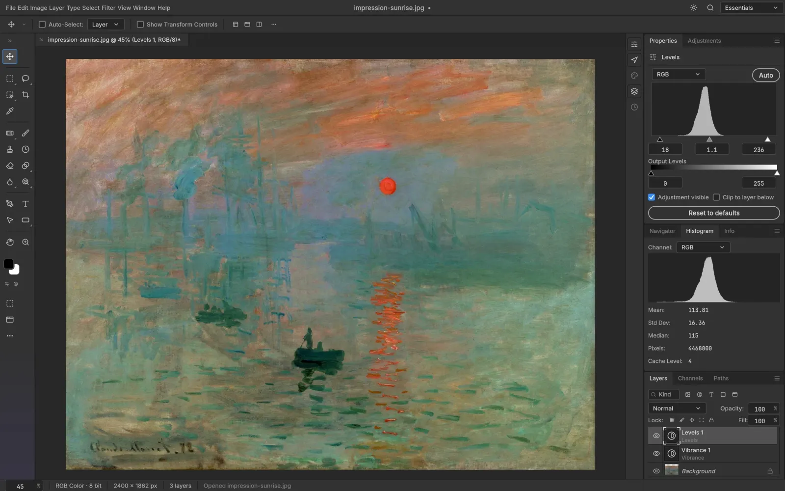 PhotoCraft with Levels and Vibrance adjustment layers and the Histogram panel open