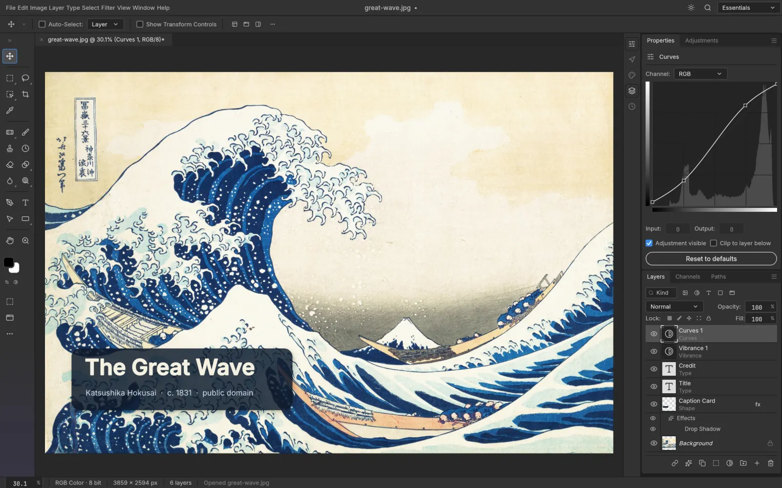 PhotoCraft editing The Great Wave with type layers, a drop shadow and Curves and Vibrance adjustment layers