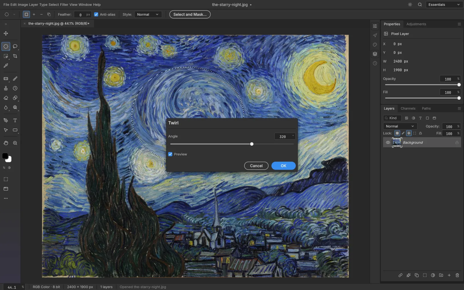 The Twirl filter previewing live inside a selection