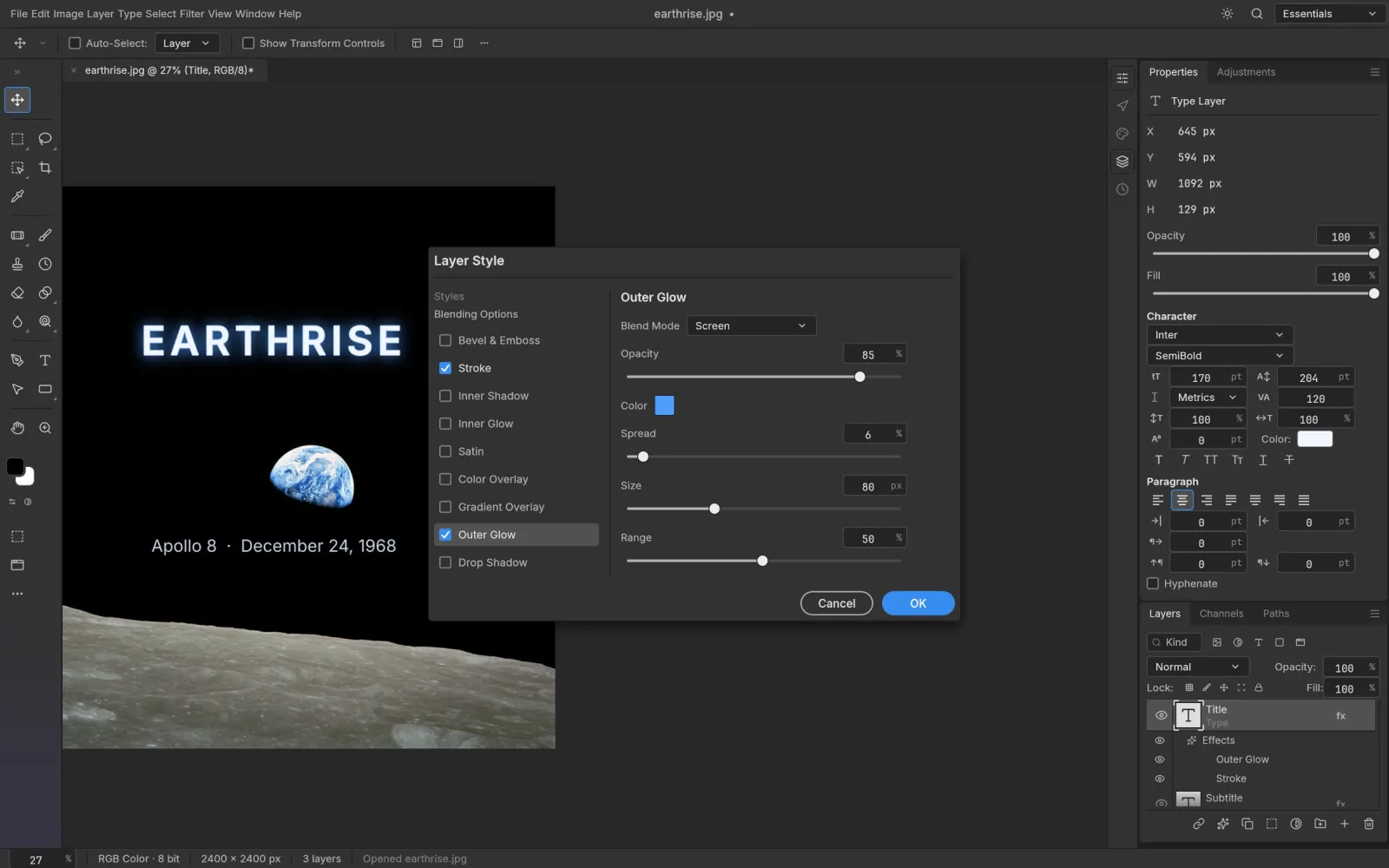 The Layer Style dialog editing an Outer Glow on a type layer