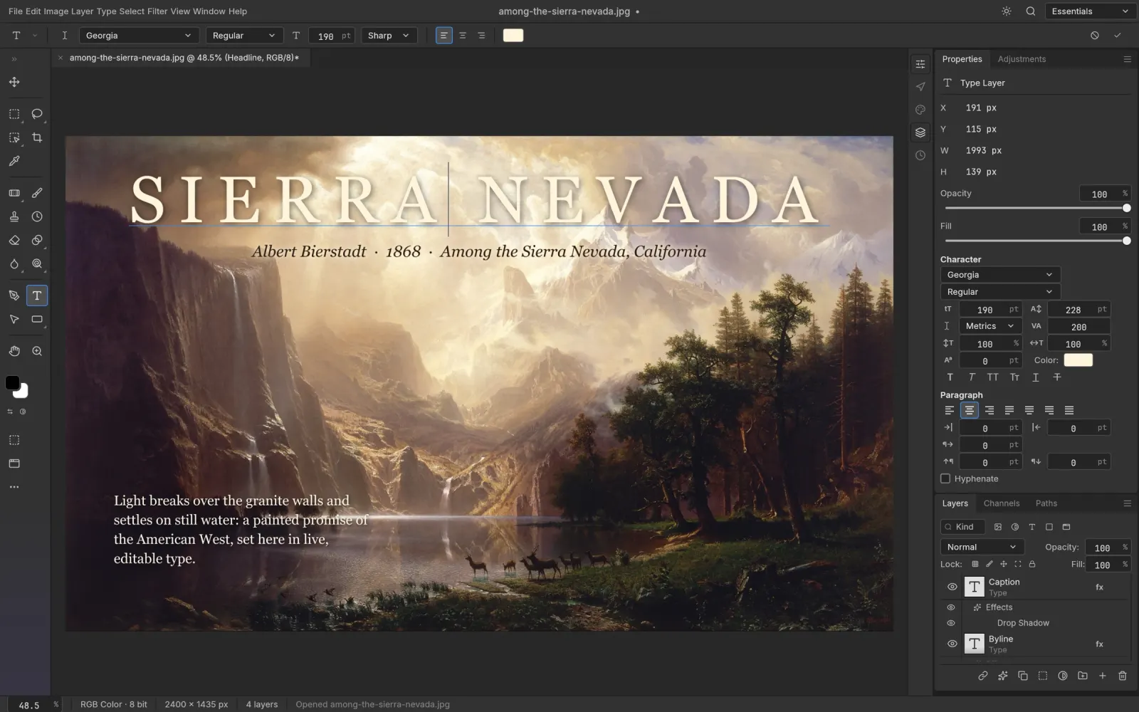 A headline being edited directly on the canvas with Character and Paragraph controls